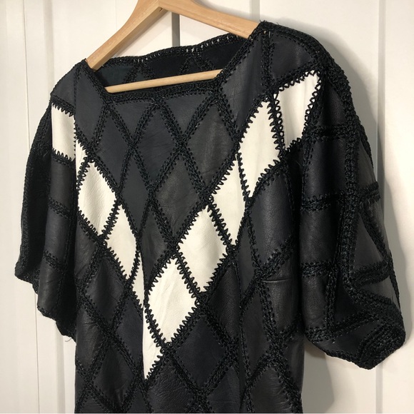 Vintage 80s suede patchwork knit short sleeve top / S-M - Picture 2 of 11